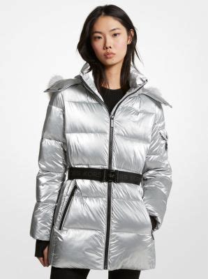 michael michael kors metallic nylon ciré belted puffer coat|Michael Kors puffer coat packable.